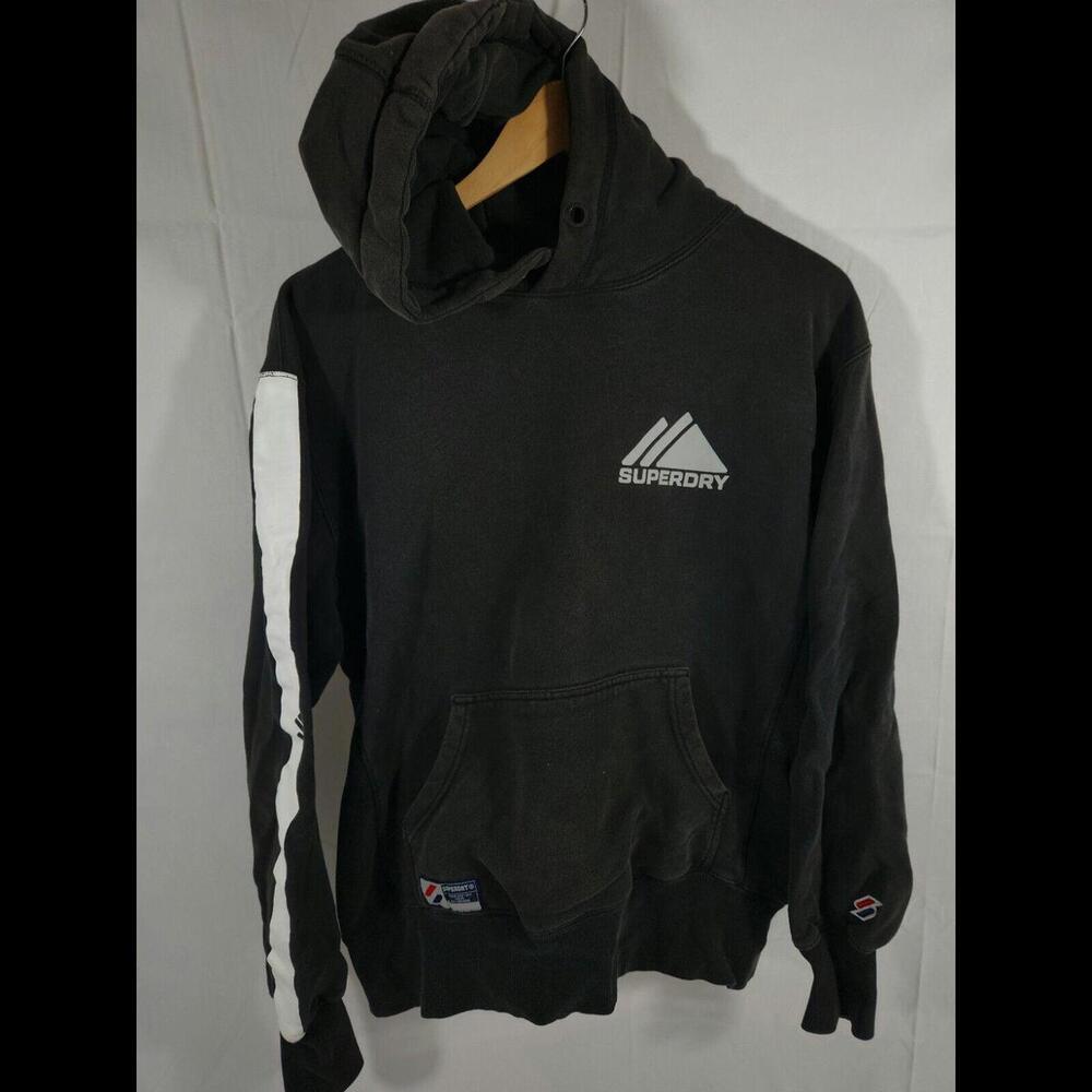 Men Superdry Black And White Label Pullover Hoodie Size MEDIUM